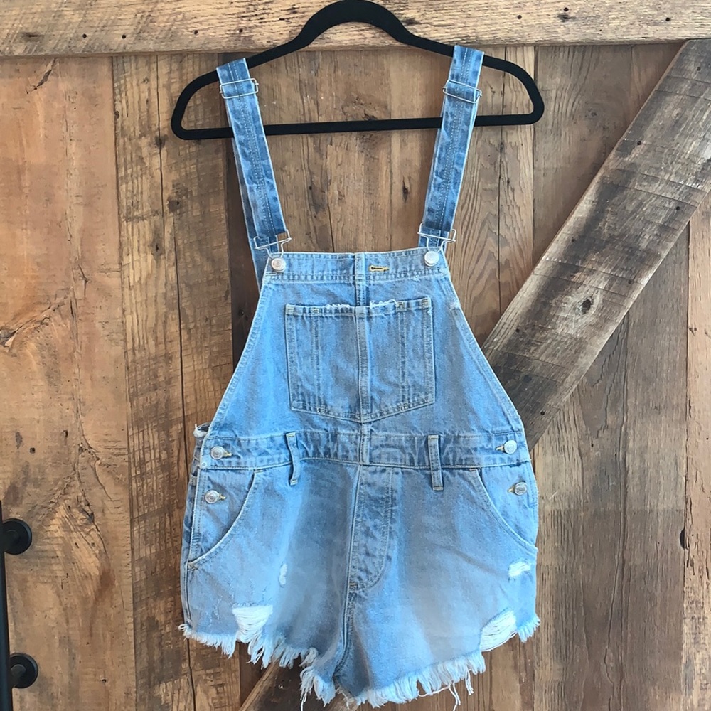 Free People Light Blue Distressed Denim Short Overalls